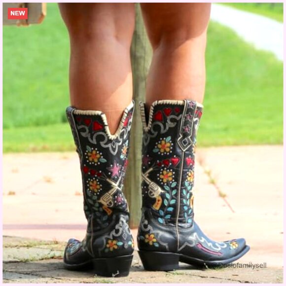 Women's Embroidered Western Knee High Boots, Chunky Low Heel, Wide Calf - Picture 5 of 7